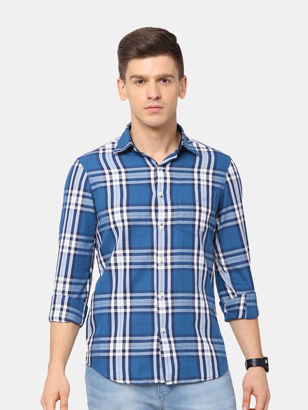 

NIRVAAN Men Blue Tartan Checks Slim Fit Casual Shirt