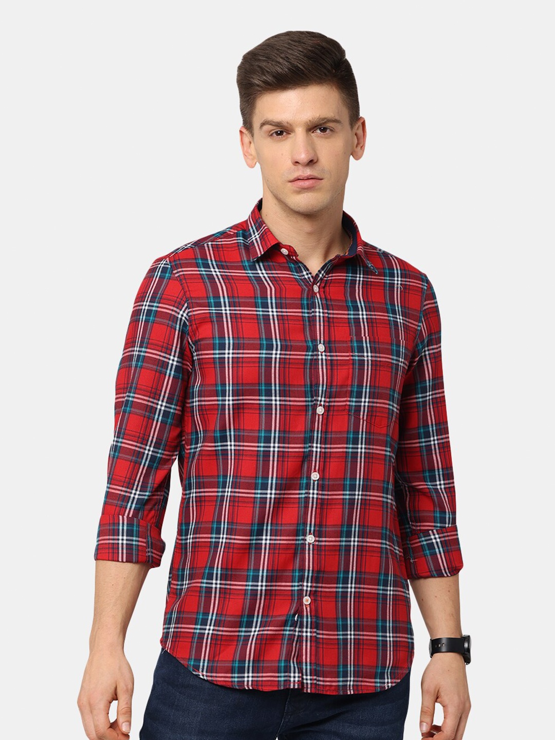 

NIRVAAN Men Red Classic Slim Fit Tartan Checked Cotton Casual Shirt