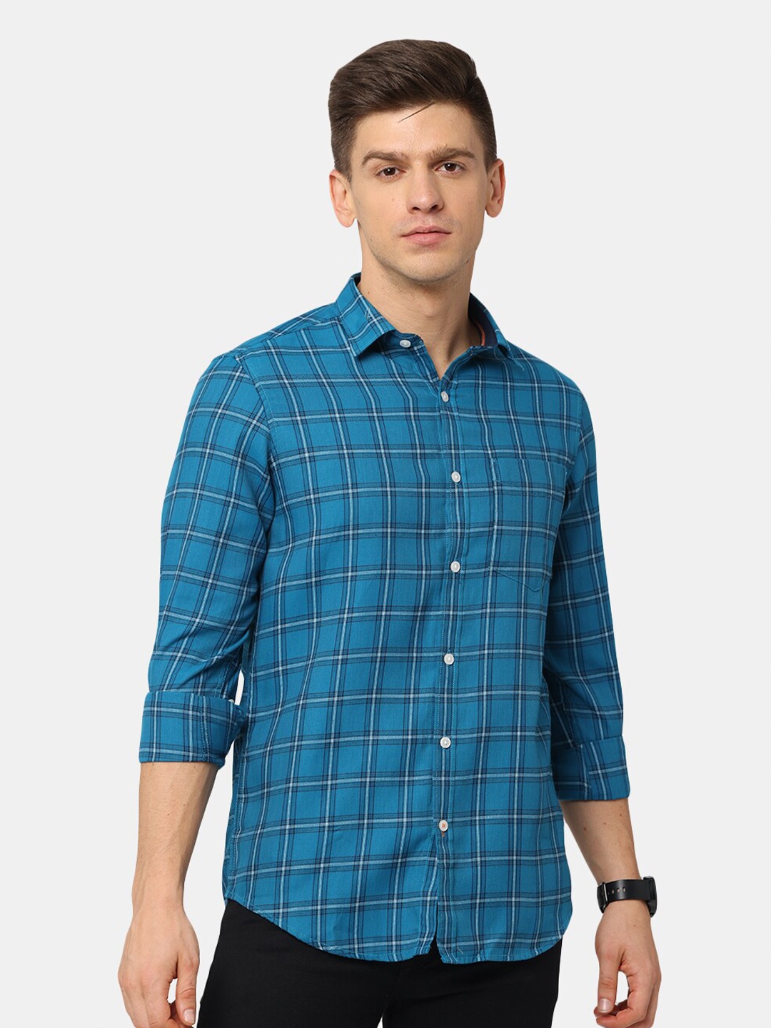 

NIRVAAN Men Blue Classic Slim Fit Checked Casual Cotton Shirt