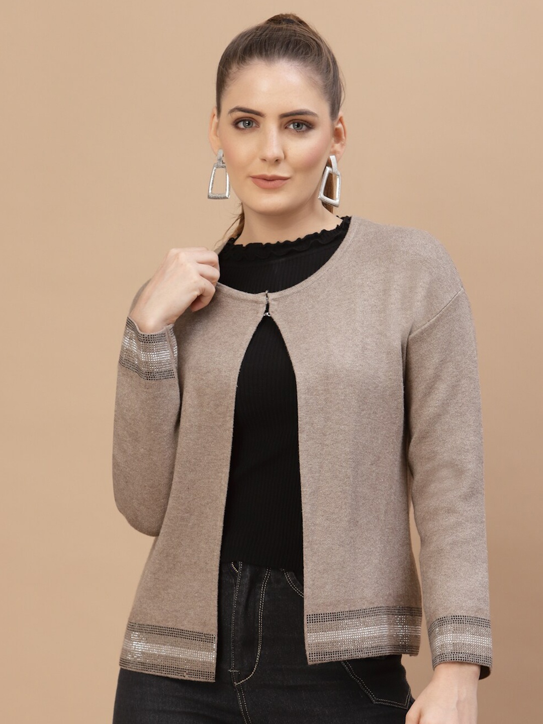 

Mafadeny Women Brown & White Embellished Shrug