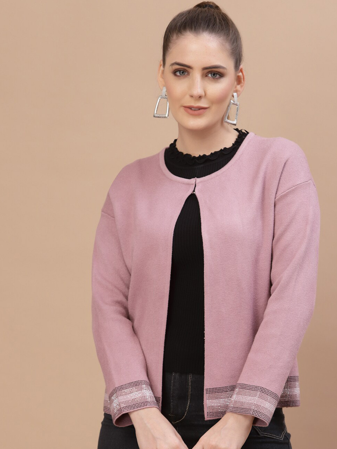 

Mafadeny Women Pink & White Embellished Shrug