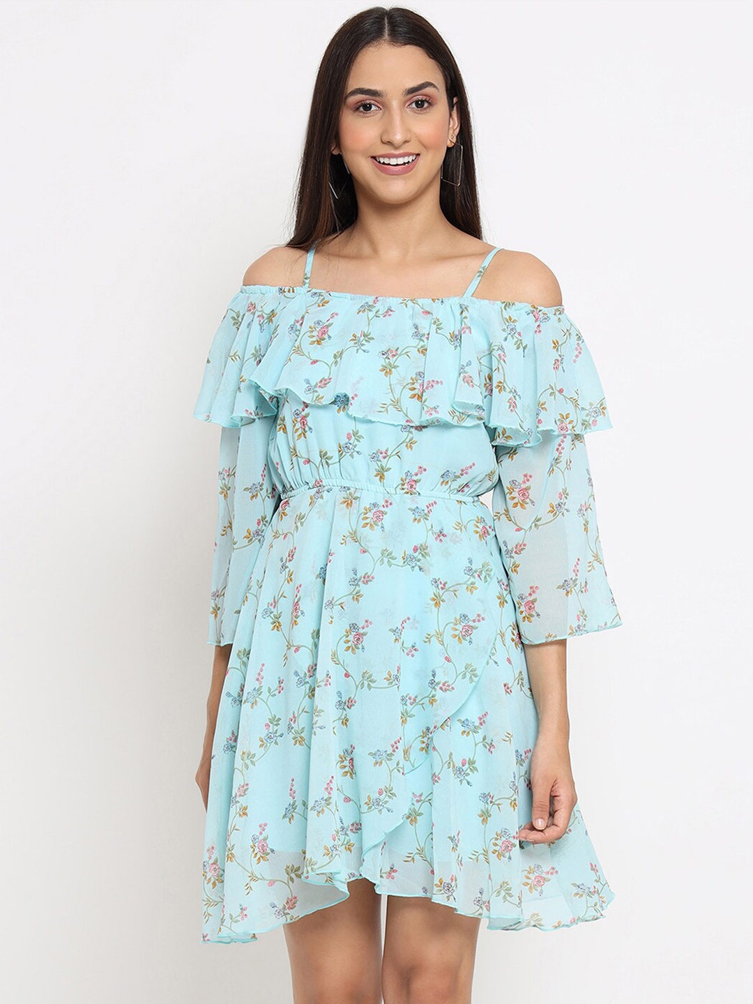 

MARC LOUIS Turquoise Blue Floral Georgette Dress