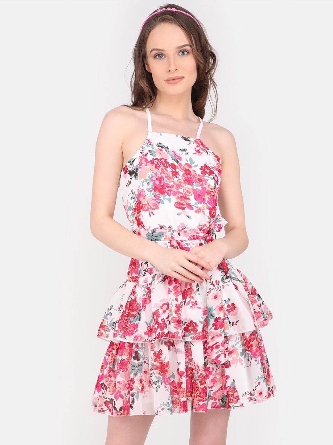 

MARC LOUIS Floral Georgette Fit and Flare Dress, White