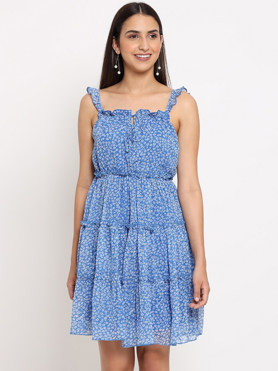 

MARC LOUIS Women Blue Floral Print Shoulder Strap A-Line Dress