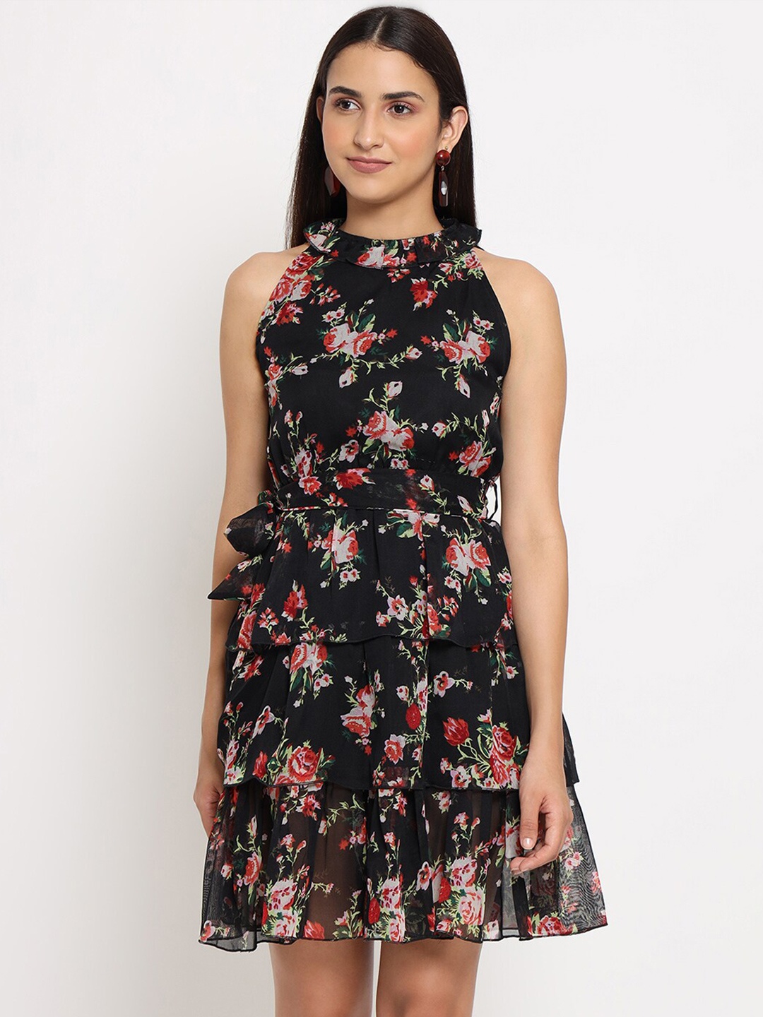 

MARC LOUIS Women Black Floral Georgette Dress