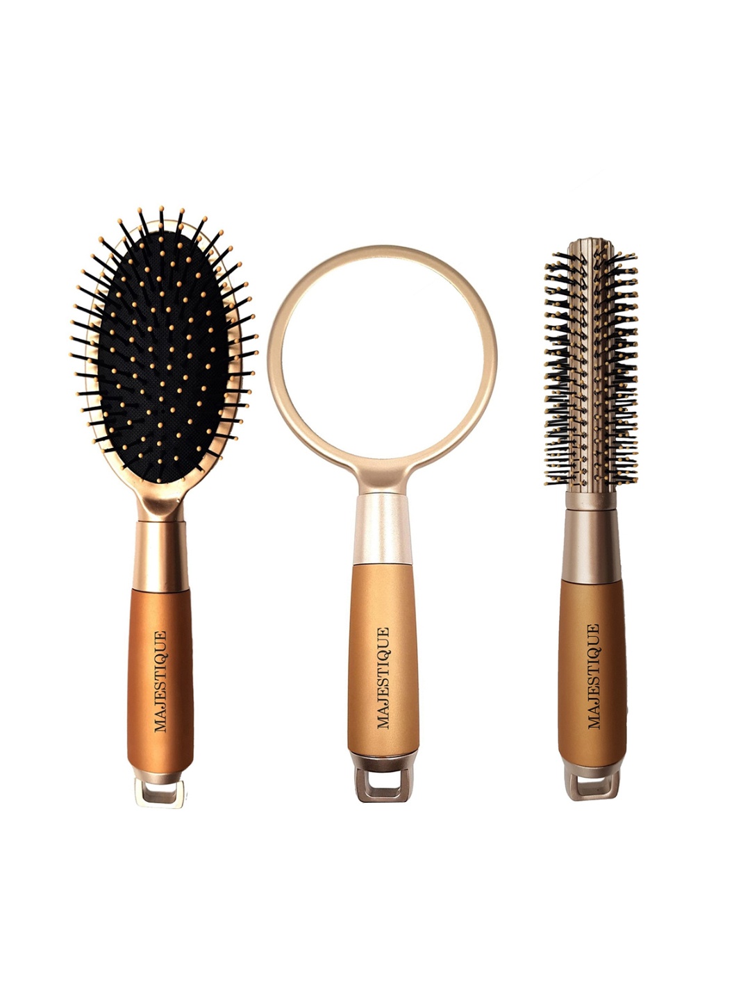 

MAJESTIQUE Set Of 2 Detangling Hairbrush Wide-Tooth Comb & Handle Mirror For Makeup, Gold