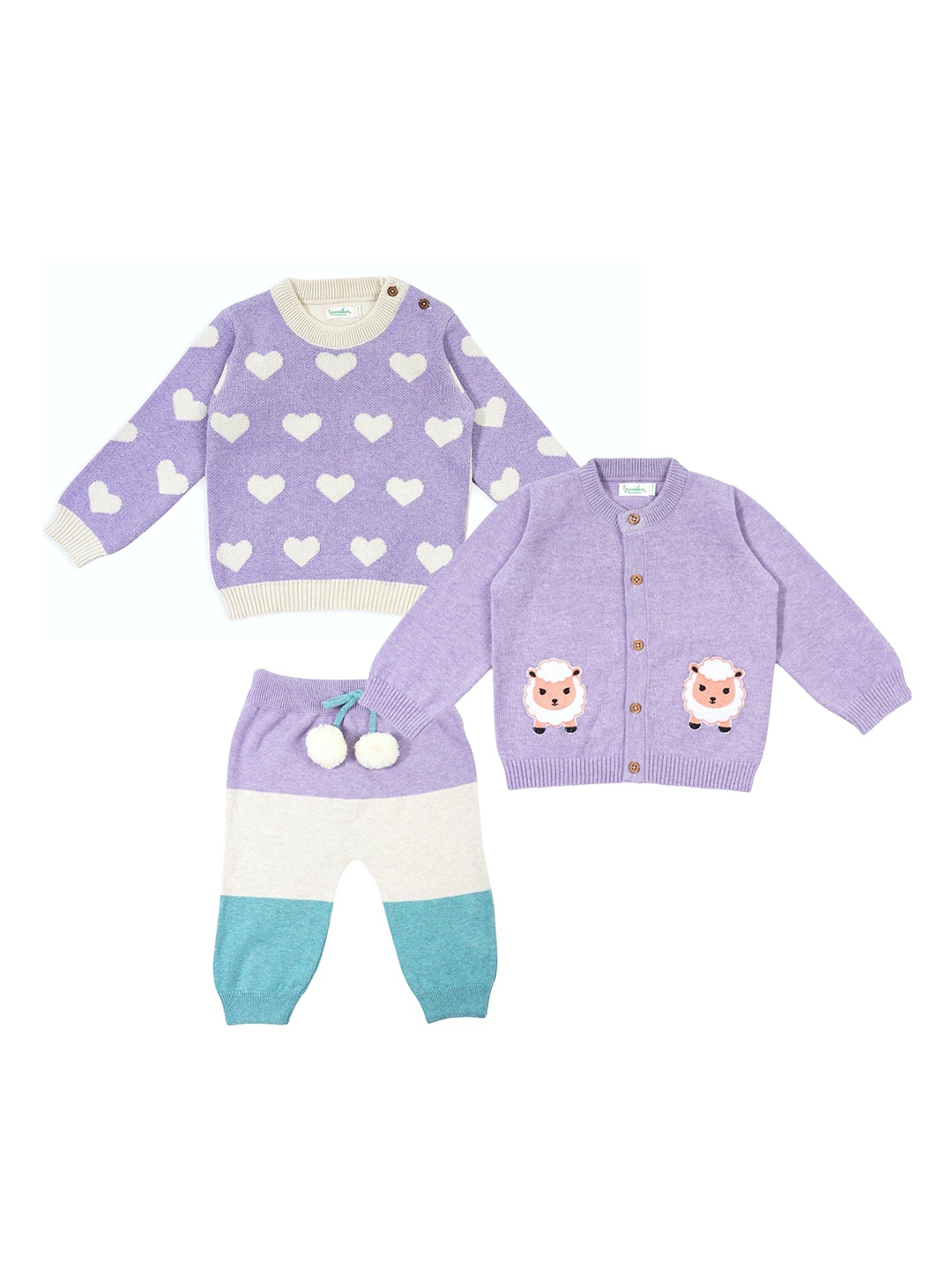 

Greendeer Unisex Kids Lavender & White Printed Top with Pyjamas And Sweater