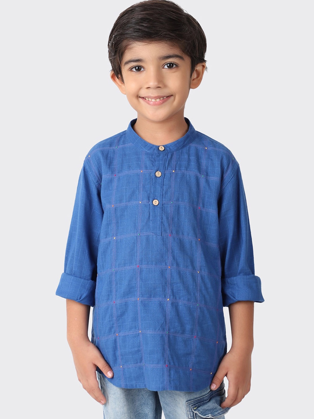 

Fabindia Boys Blue & Yellow Checked Thread Work Kurta