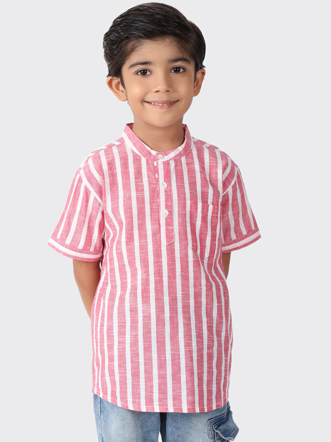 

Fabindia Boys Red & White Striped Short Cotton Kurta
