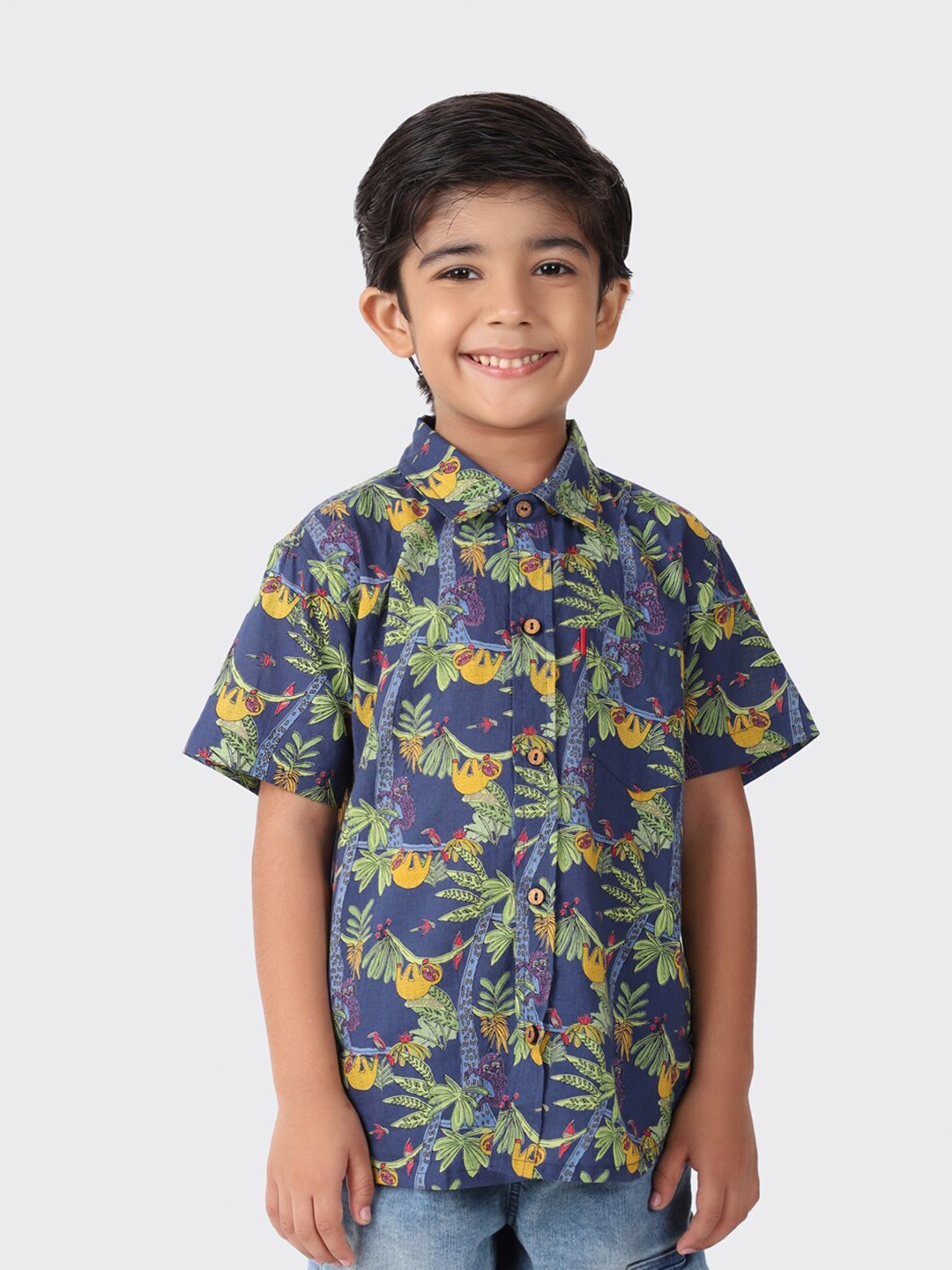 

Fabindia Boys Navy Blue Floral Printed Casual Cotton Shirt