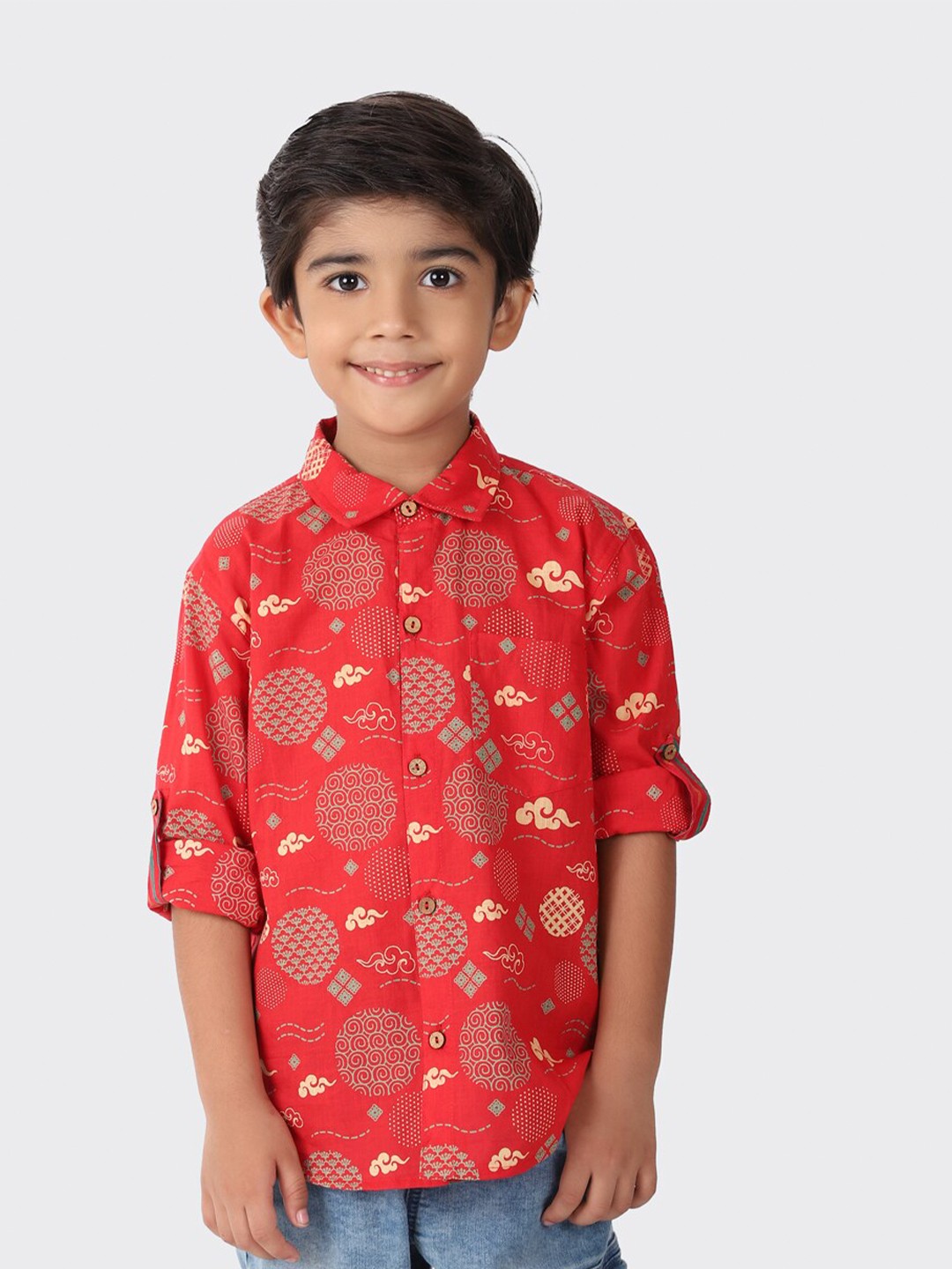 

Fabindia Boys Red Floral Printed Cotton Casual Shirt