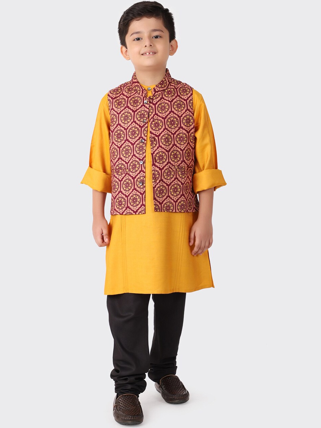 

Fabindia Boys Yellow Kurta with Churidar With Nehru Jacket