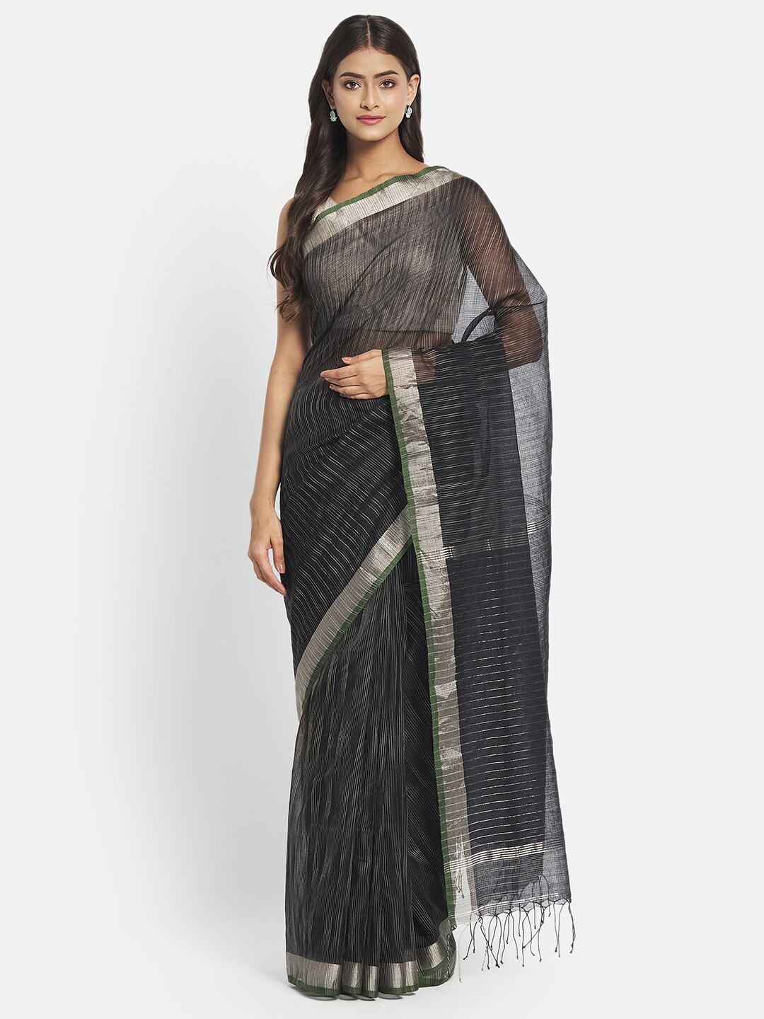 

Fabindia Black & Silver-Toned Striped Zari Silk Cotton Saree