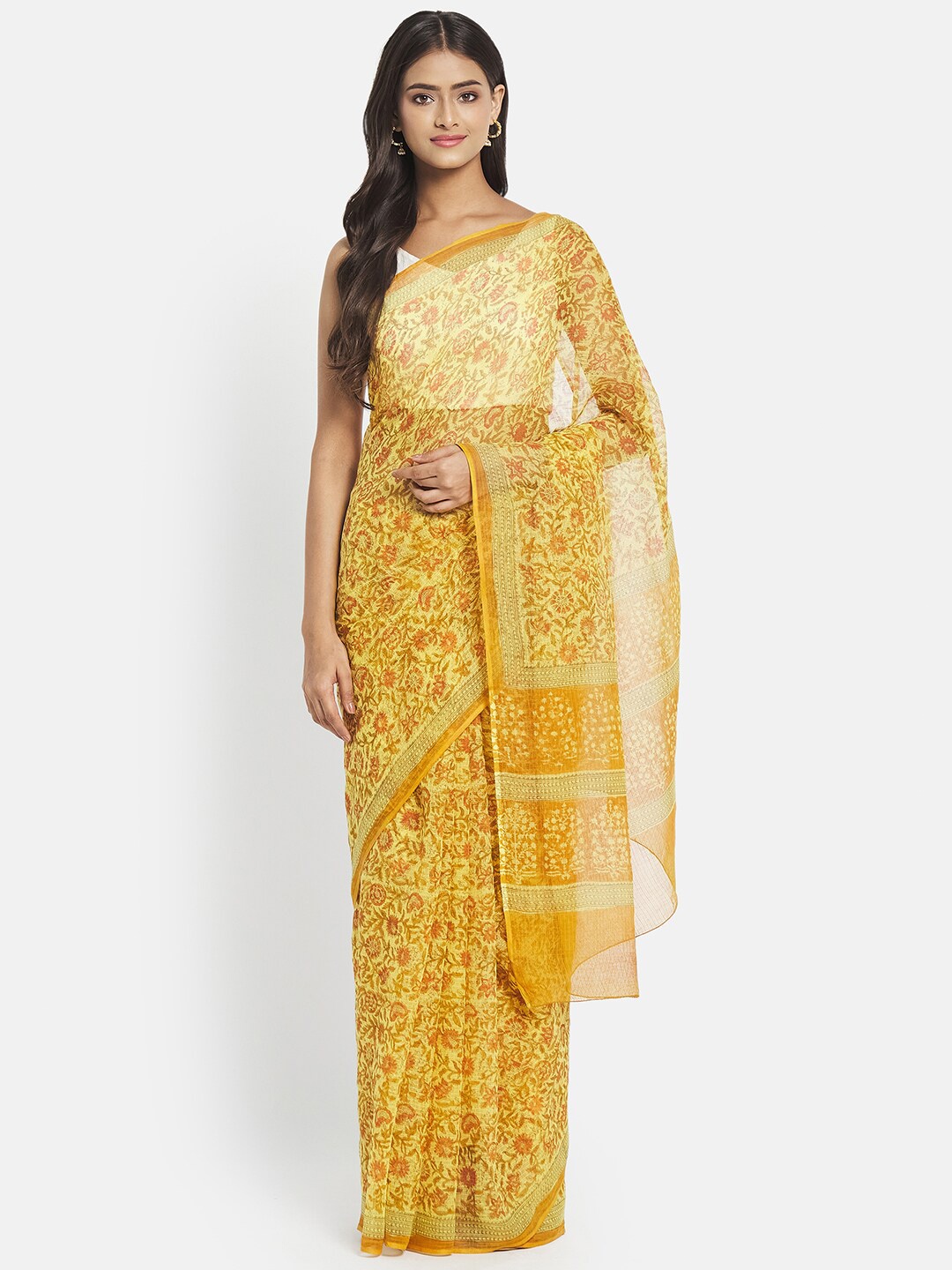 

Fabindia Yellow & Pink Floral Silk Cotton Block Print Saree