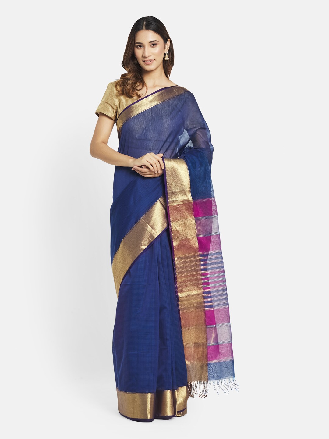 

Fabindia Blue & Red Striped Zari Silk Cotton Maheshwari Saree