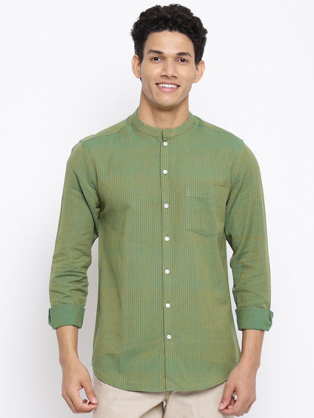 

Fabindia Men Green Slim Fit Striped Casual Shirt