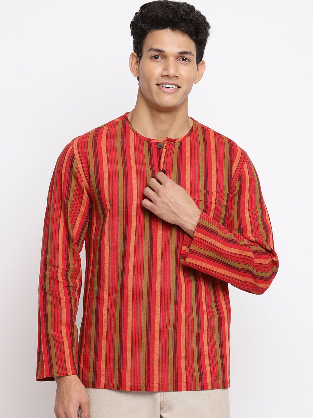 

Fabindia Men Red & Green Striped Short Kurta