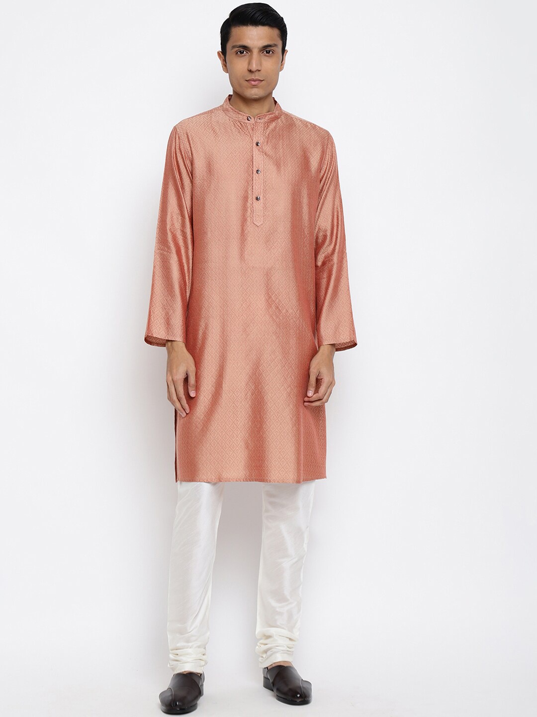

Fabindia Men Peach Geometric Checked Kurta, Red