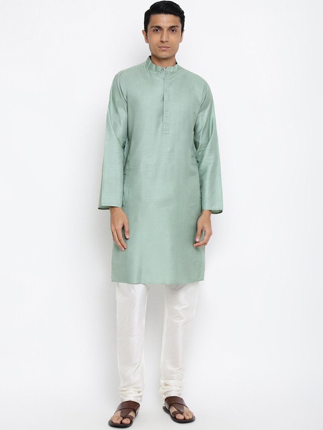 

Fabindia Men Green Silk Solid Long Kurta