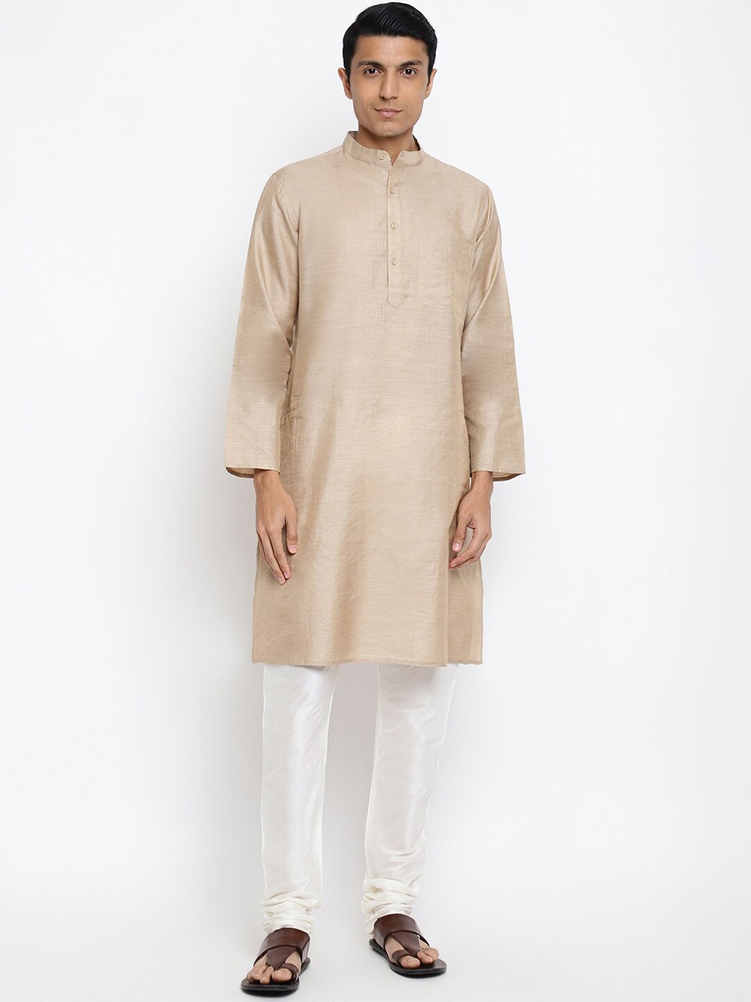 

Fabindia Men Beige Silk Blend Solid Long Kurta