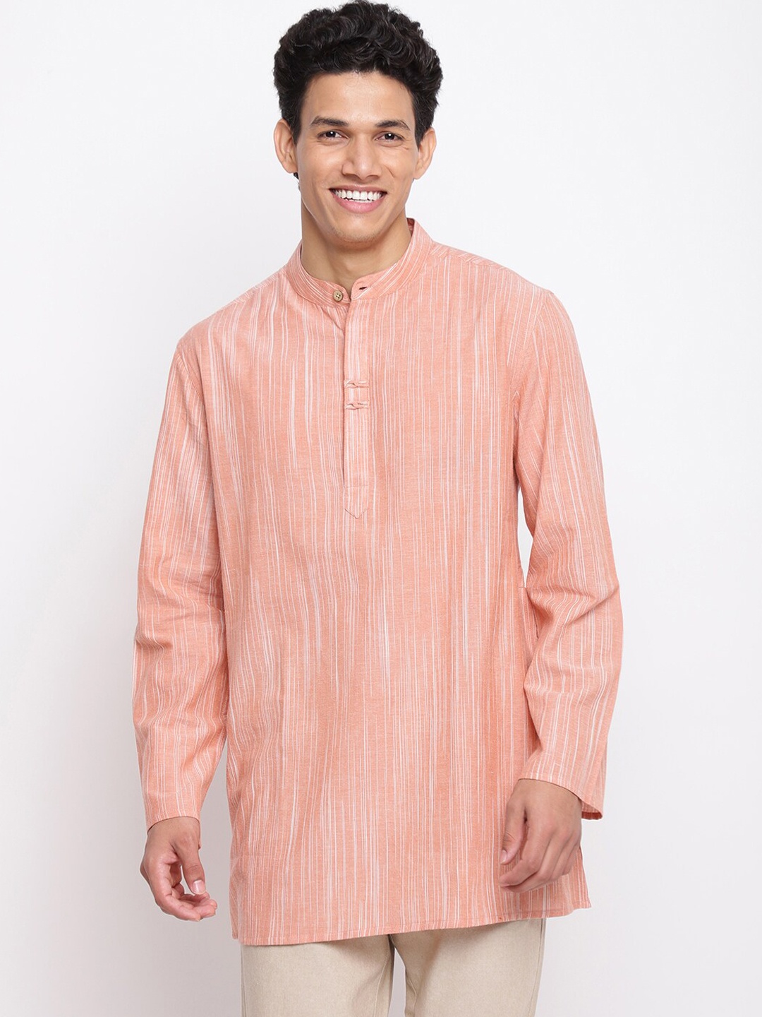 

Fabindia Men Pink Striped Cotton Self Design Short Kurta