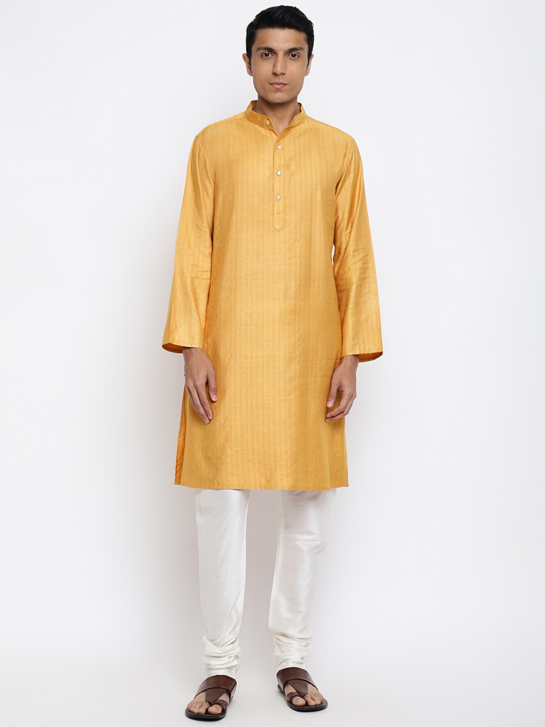 

Fabindia Men Mustard Yellow Striped Kurta