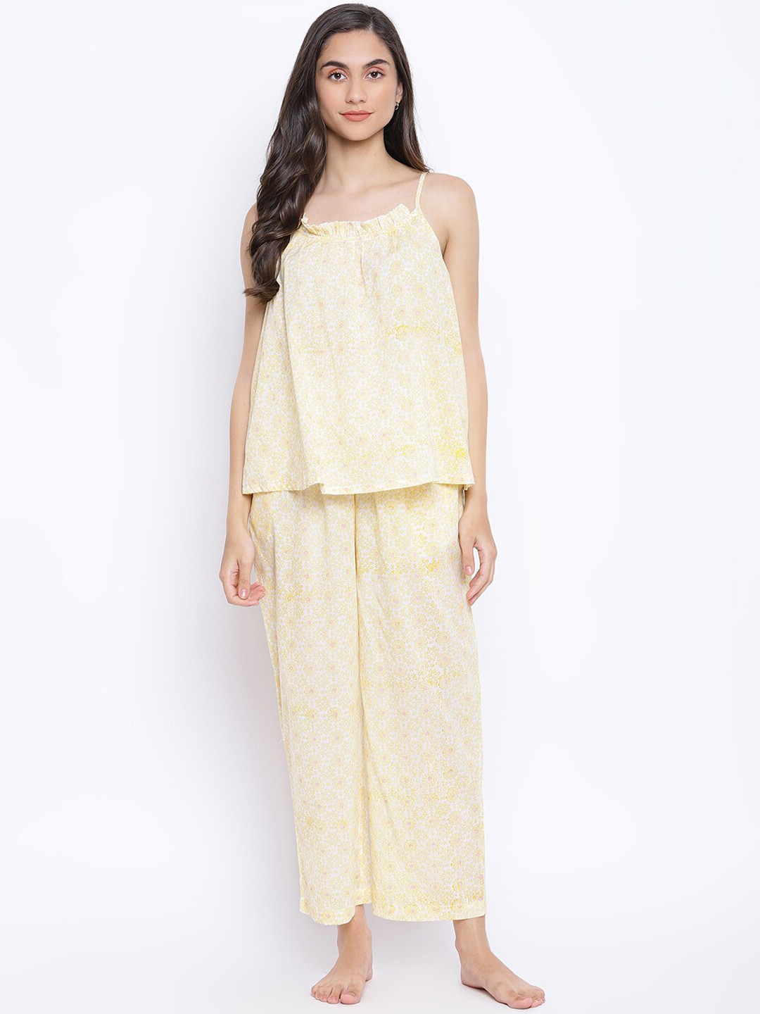 

Fabindia Women Yellow Printed Pure Cotton Nightsuit