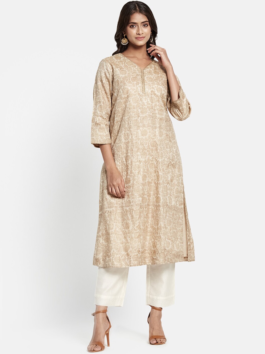 

Fabindia Women Beige Ethnic Motifs Printed Thread Work Kurta