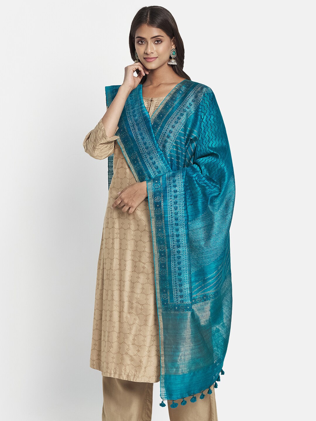 

Fabindia Teal Ethnic Motifs Pure Silk Block Print Dupatta