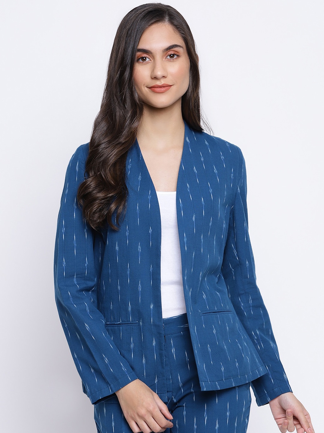

Fabindia Women Blue Printed Open Front Jacket