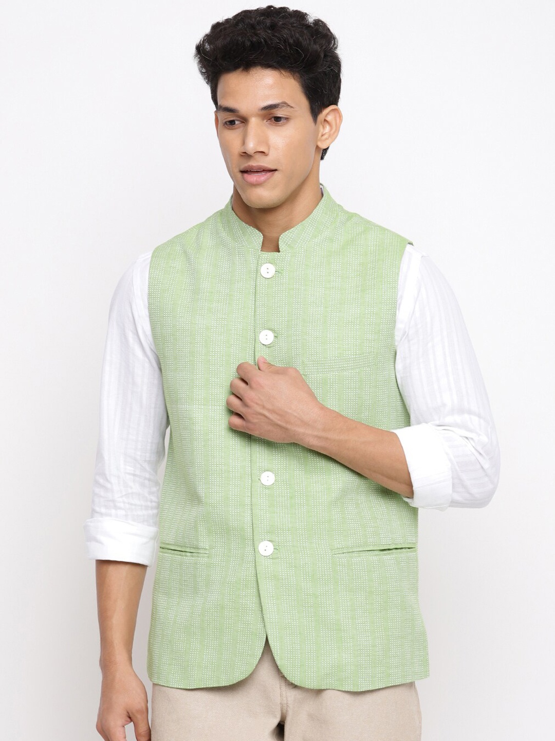 

Fabindia Men Green Woven-Design Pure Cotton Nehru Jacket