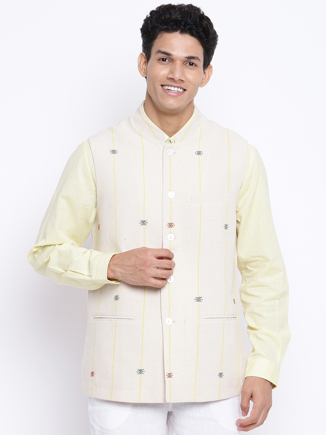 

Fabindia Men Off White Woven Design Pure Cotton Nehru Jackets