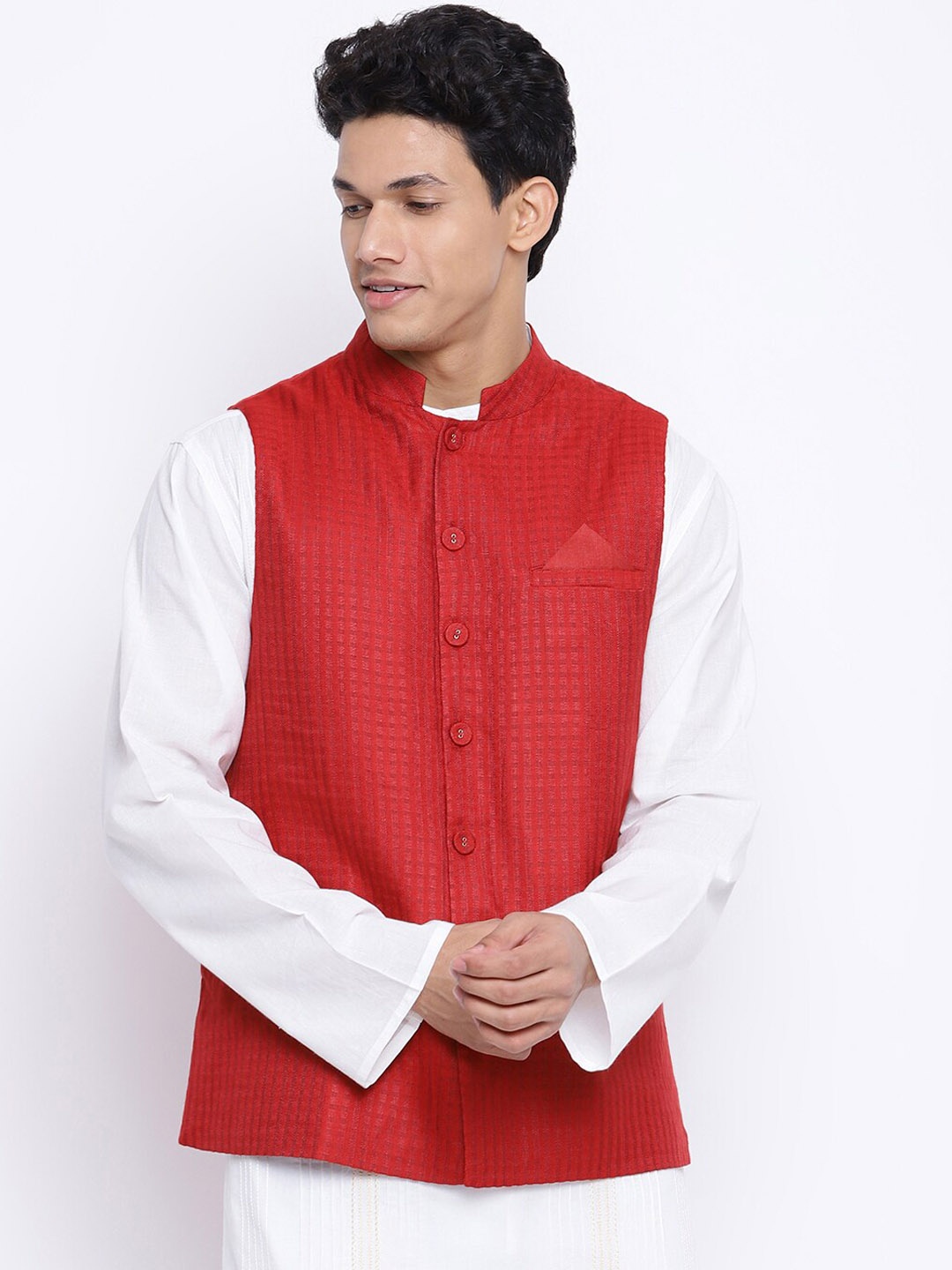 

Fabindia Men Red Woven Design Nehru Jacket