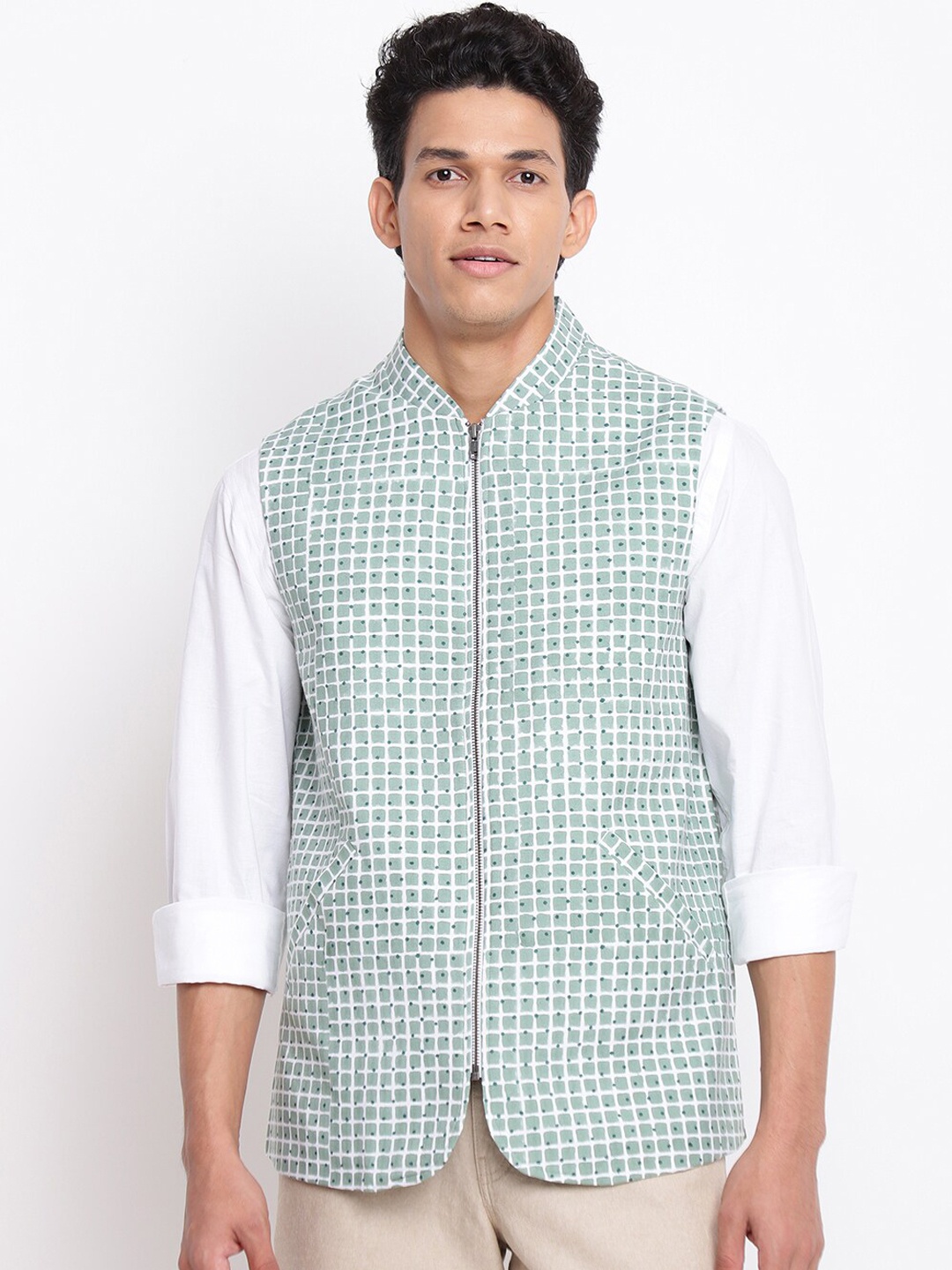 

Fabindia Men Sea Green & White Checked Nehru Jacket