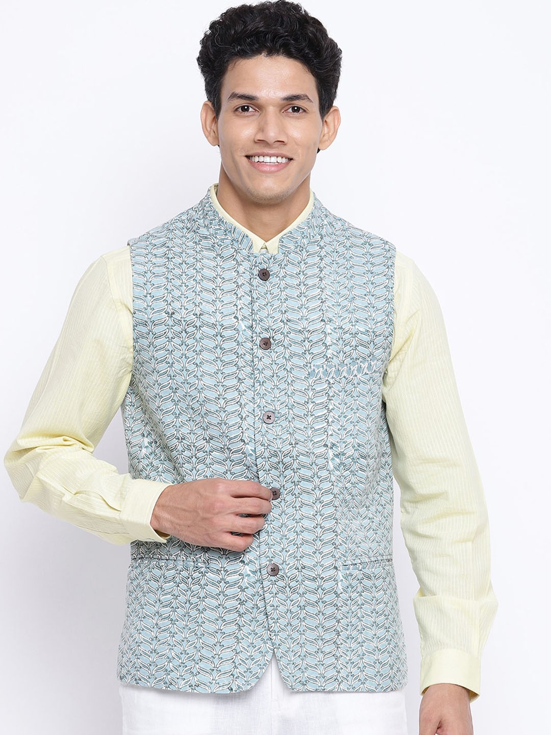 

Fabindia Men Green Printed Pure Cotton Nehru jacket, Sea green