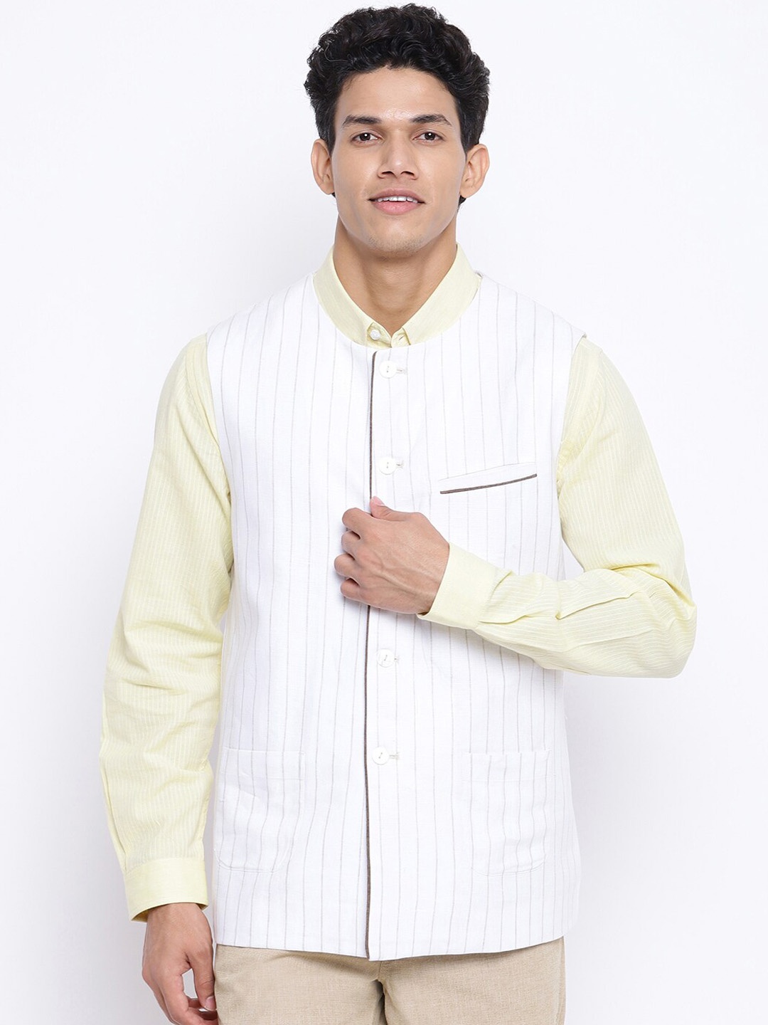 

Fabindia Men White Striped Woven Nehru Jackets