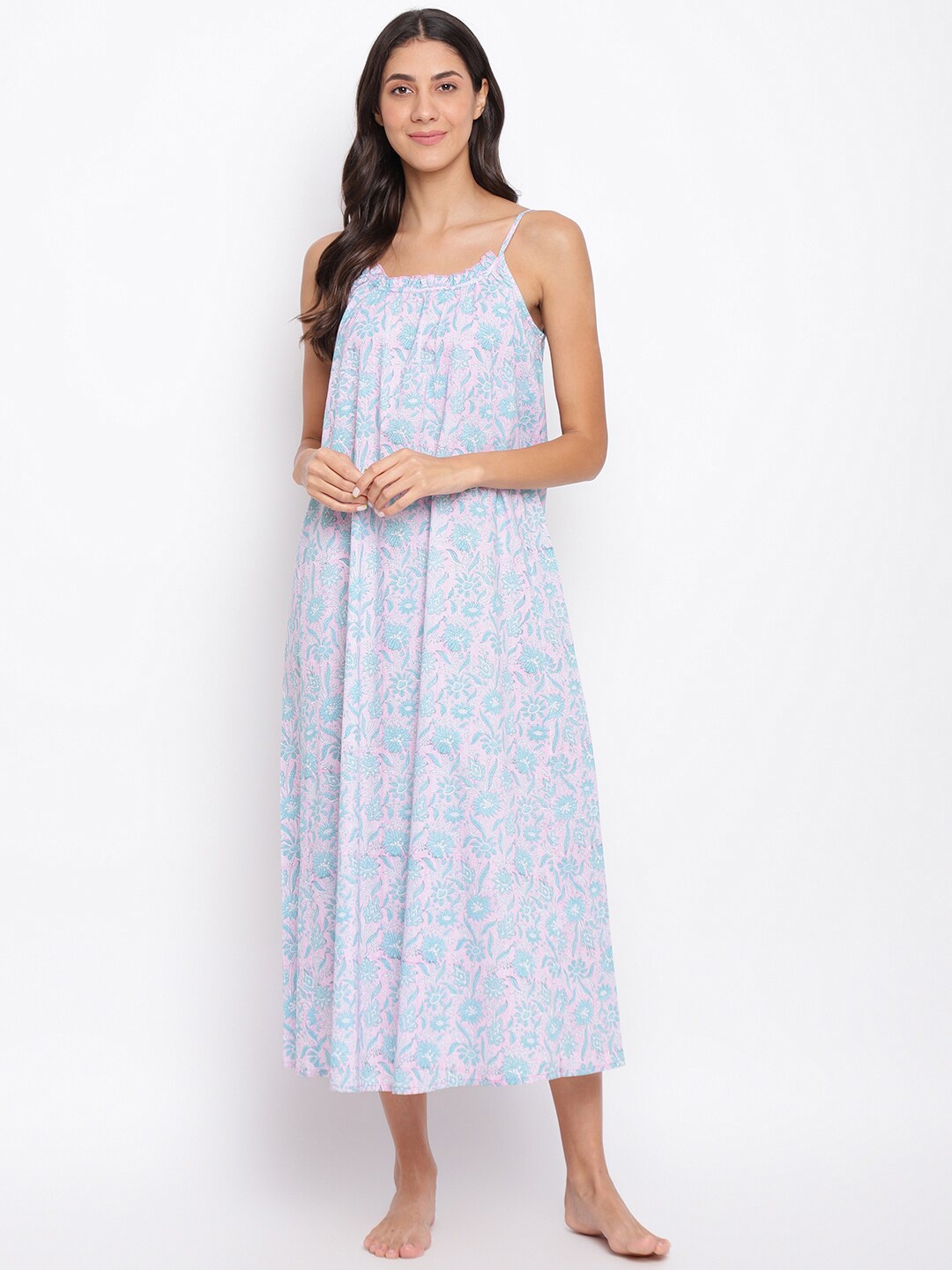

Fabindia Women Pink & Blue Floral A-Line Midi Dress