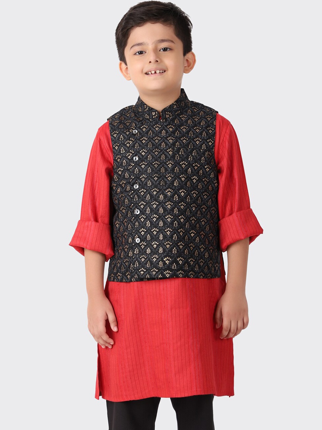 

Fabindia Boys Black Printed Pure Silk Nehru Jackets