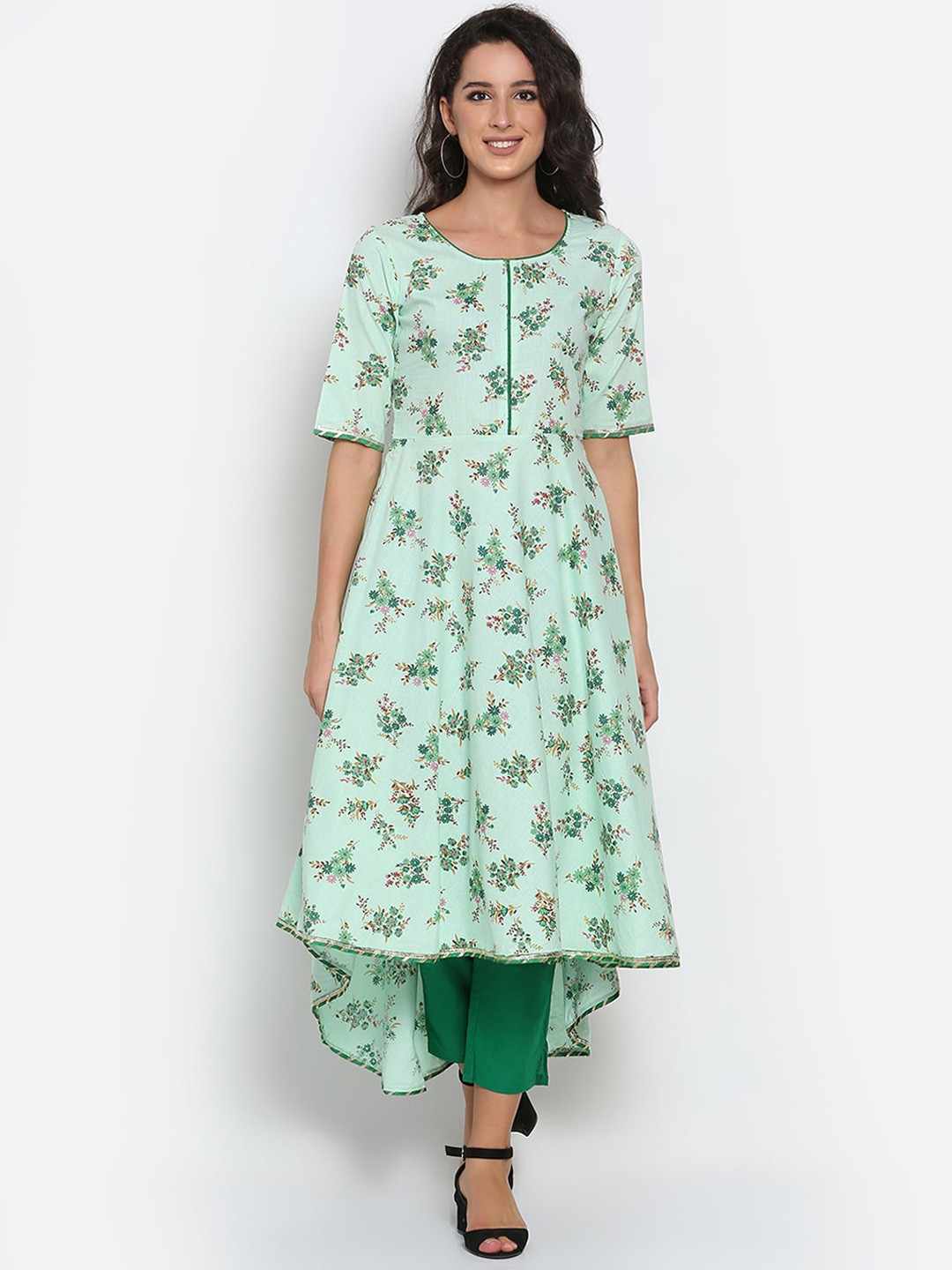 

MARC LOUIS Women Green Floral Printed Asymmetric Pure Cotton Kurta With Trouser