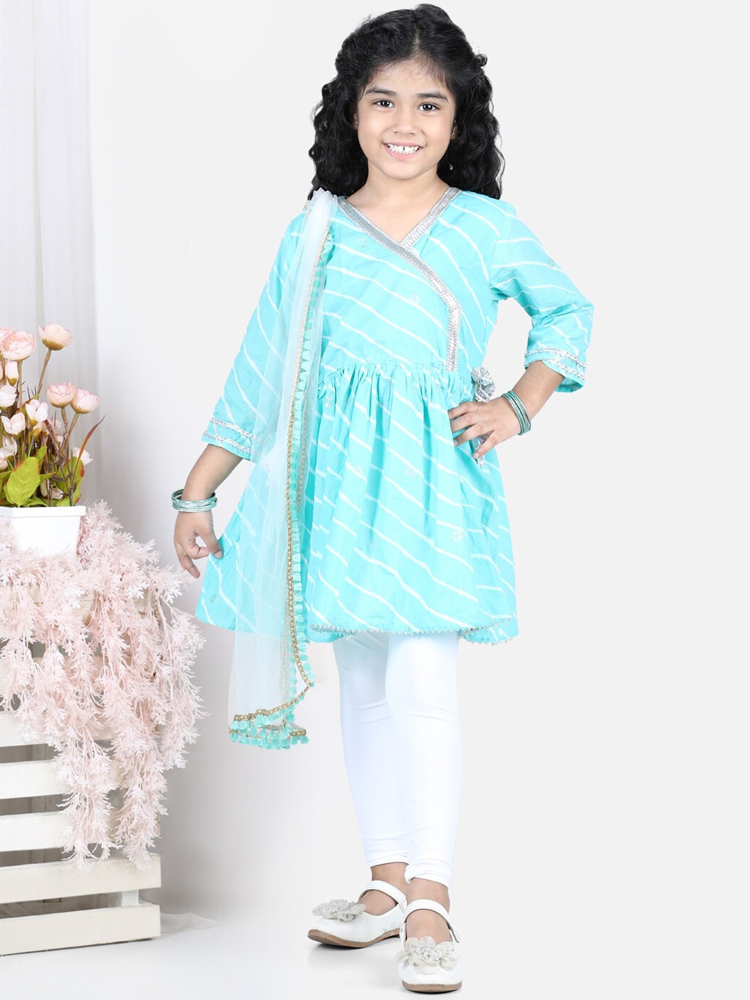 

Here&Now X Kinder Kids Girls Blue Ethnic Motifs Printed Pleated Pure Cotton Kurta with Trousers & With Dupatta