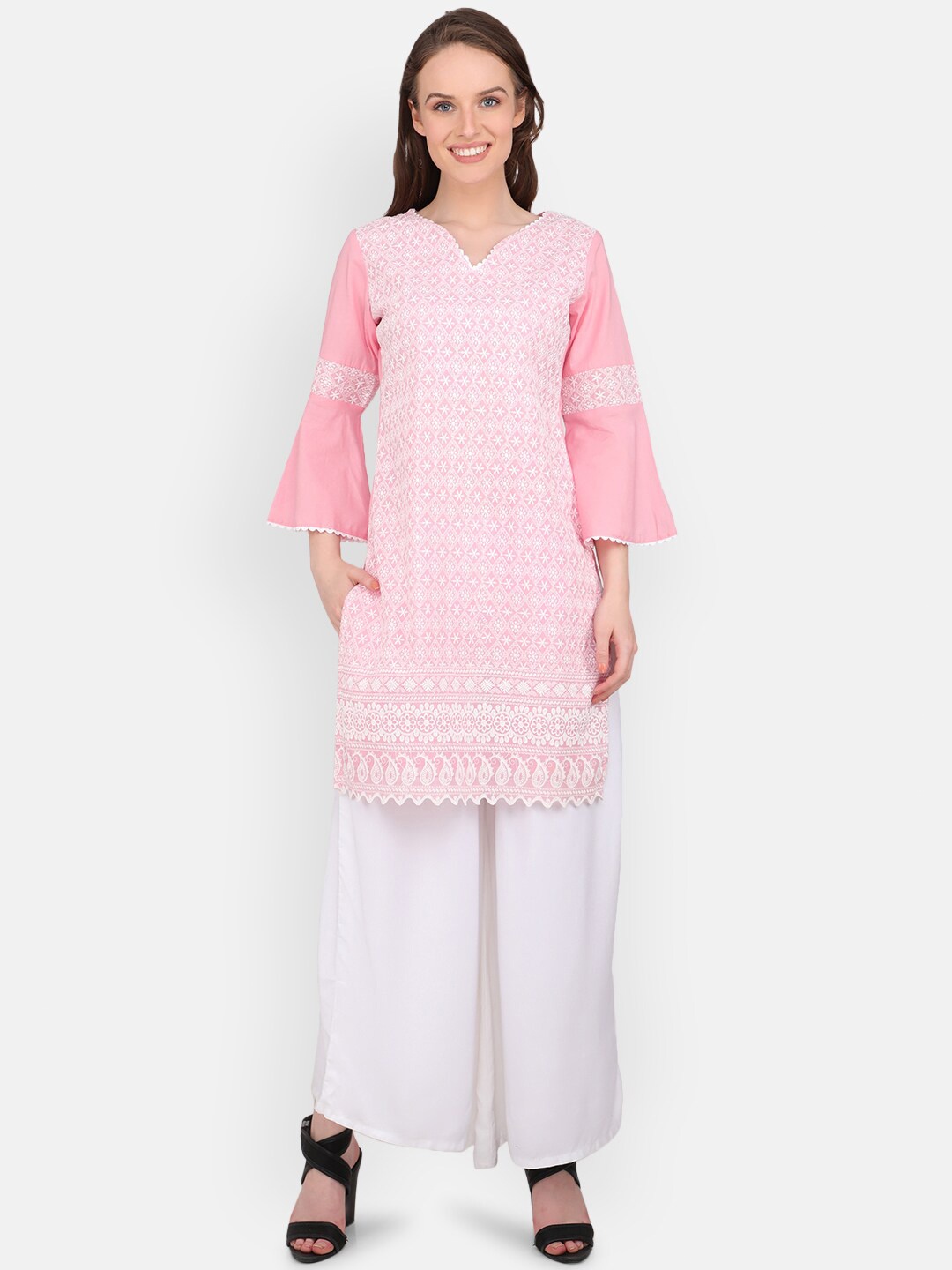 

MARC LOUIS Women Pink Floral Embroidered V-Neck Flared Sleeves Pure Cotton Kurti