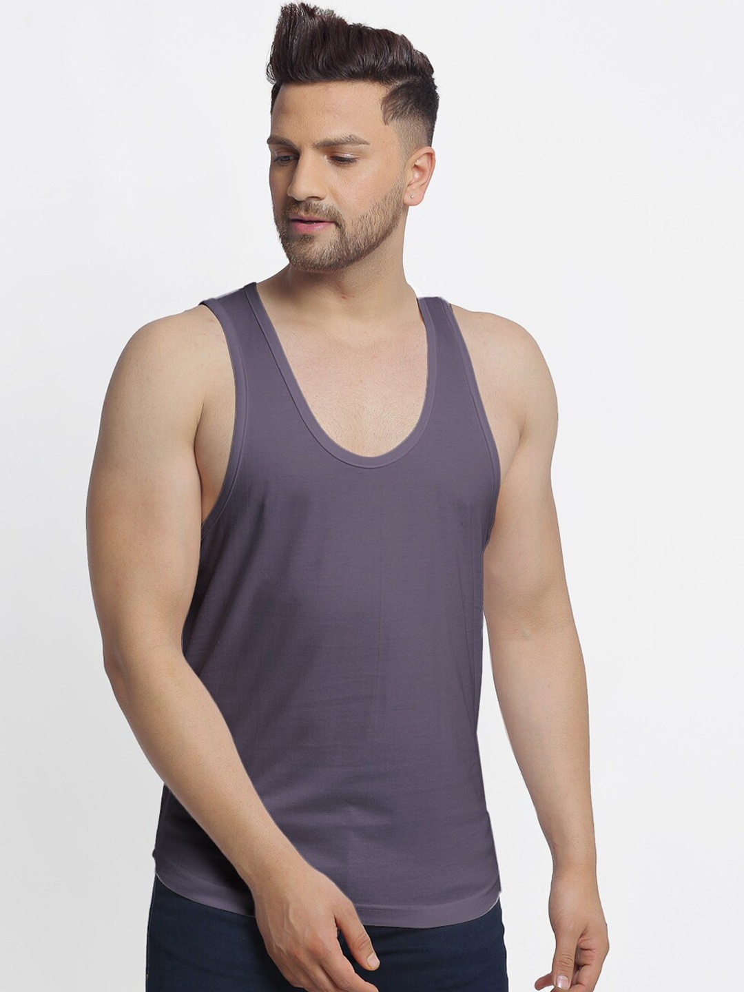 

Friskers Men Grey Solid Cotton Innerwear Vests