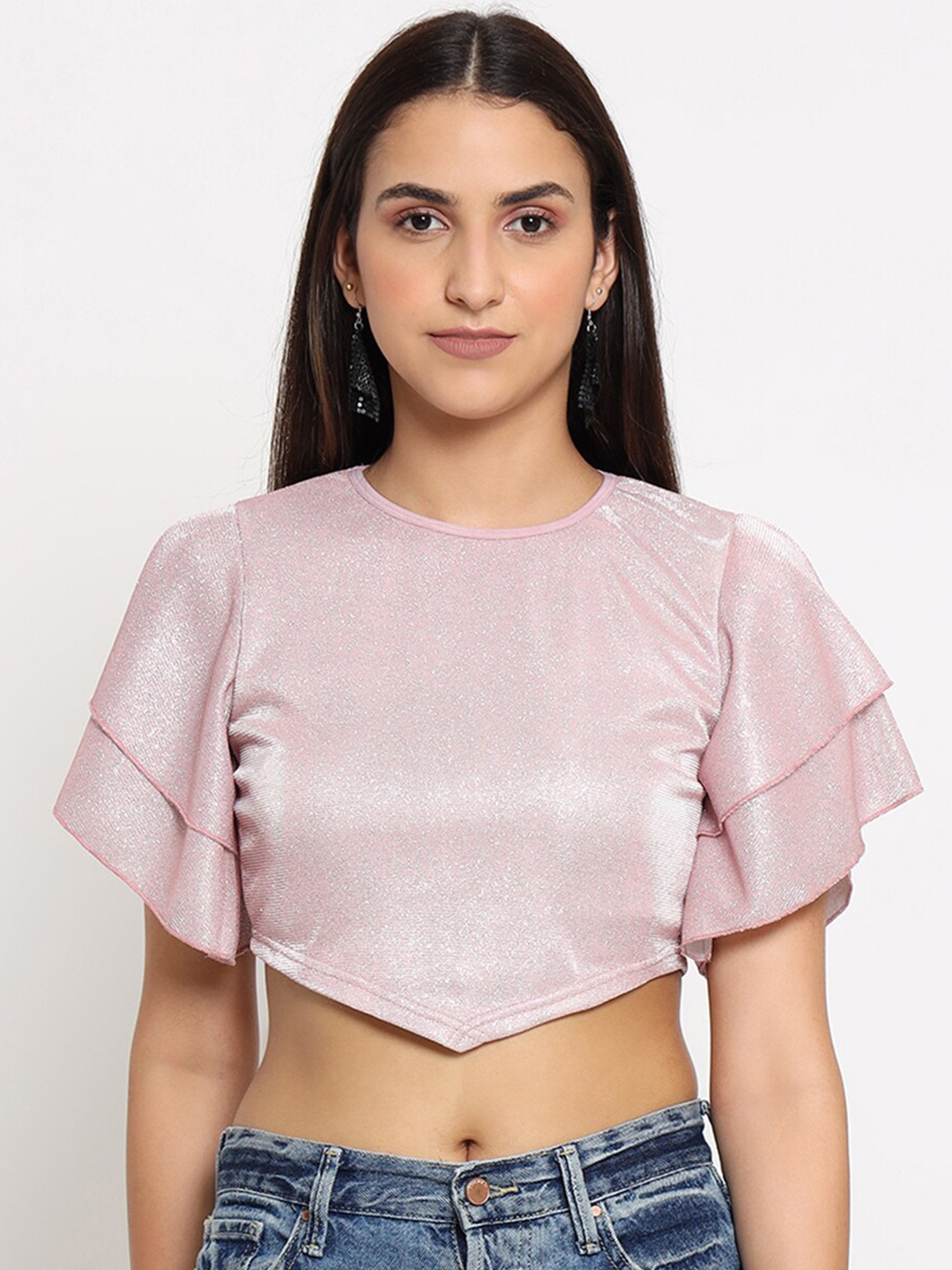 

MARC LOUIS Pink Solid Bardot Crop Top