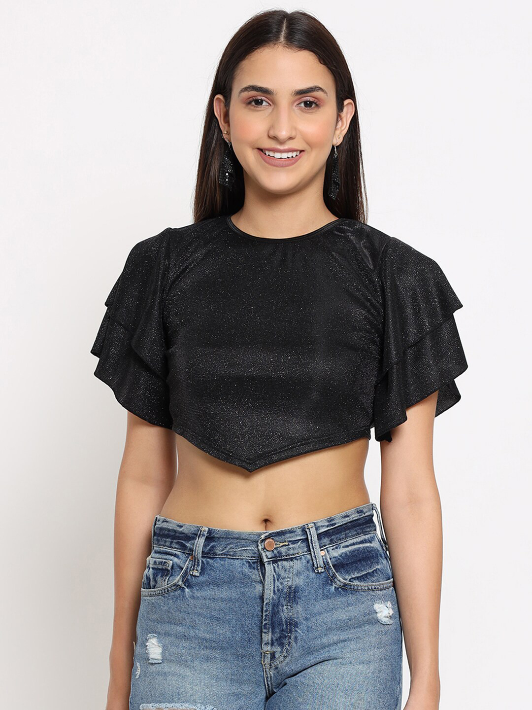 

MARC LOUIS Women Black Embellished Crop Top