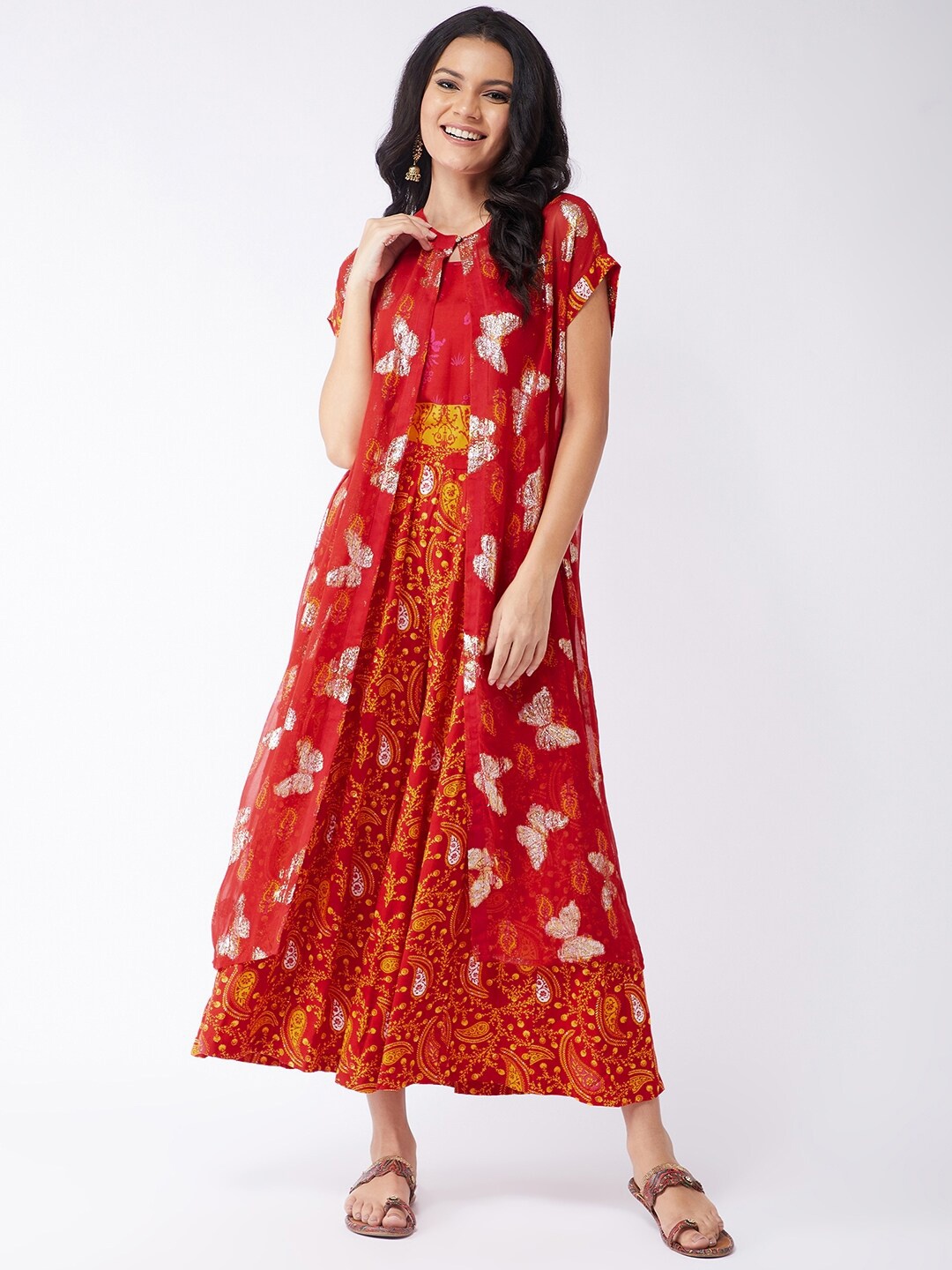 

Pannkh Red & Silver-Toned Printed Basic Jumpsuit
