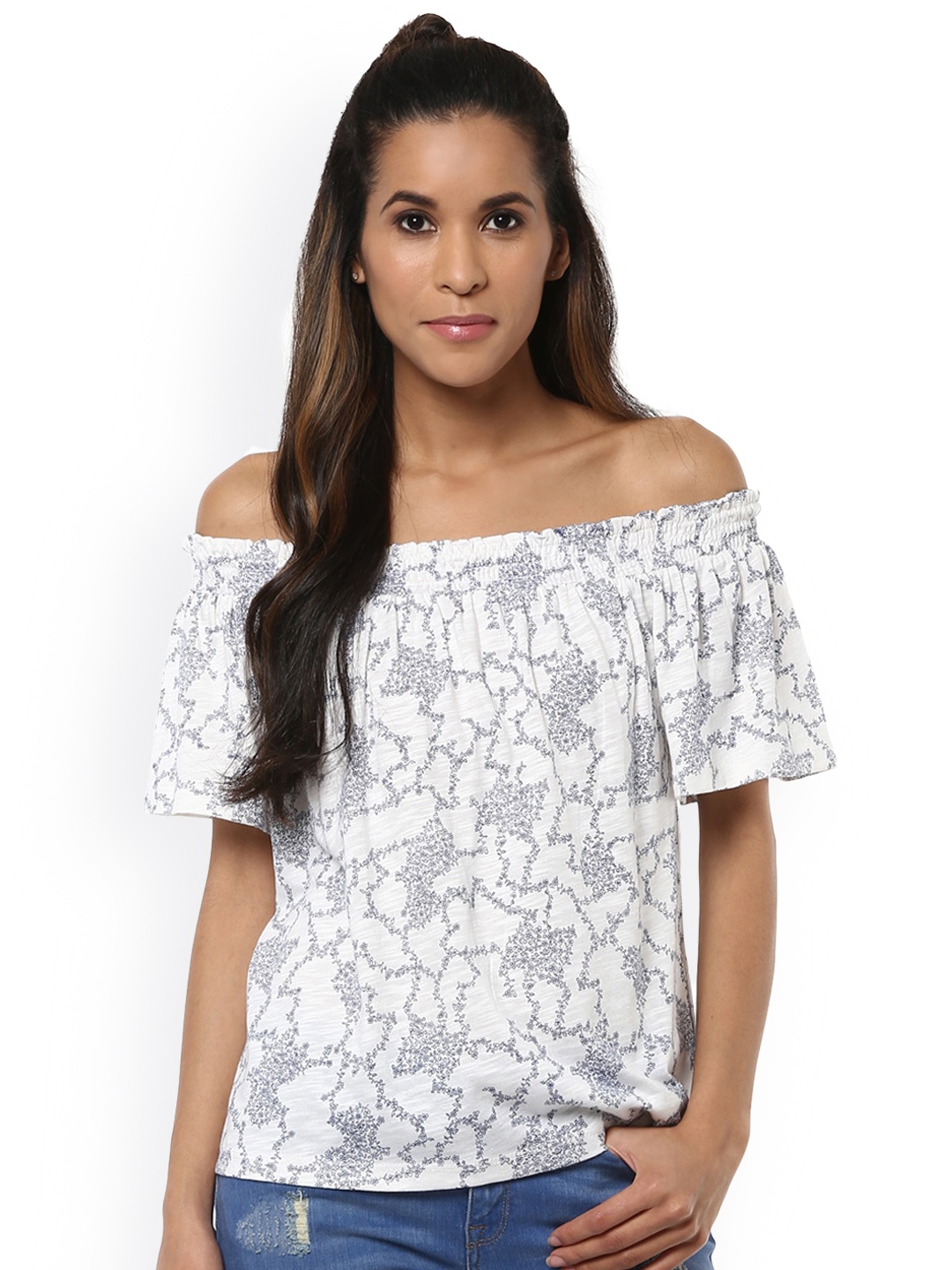 

Harpa Women Off-White Printed Bardot Top