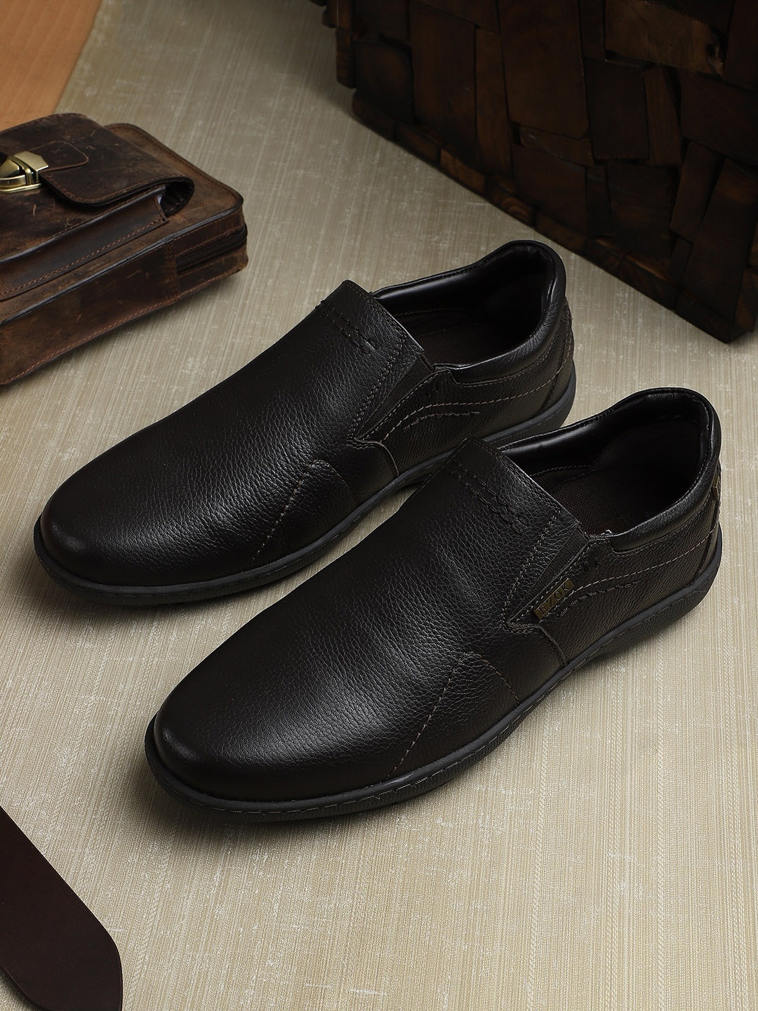 

EZOK Men Black Textured Leather Slip-On Sneakers