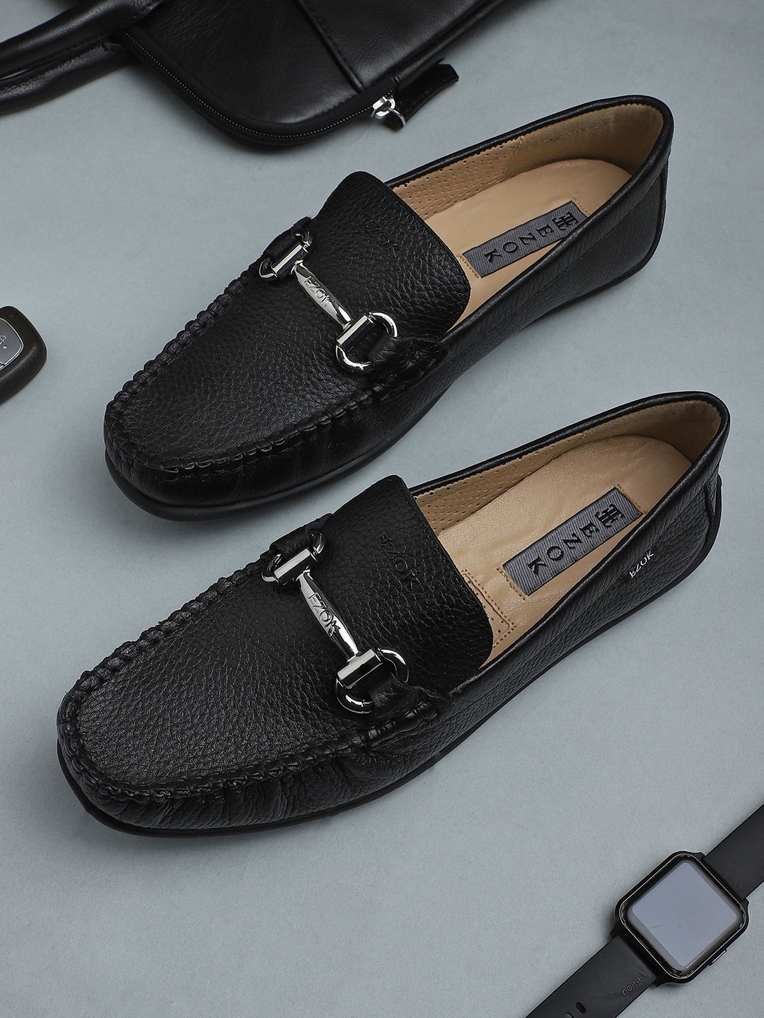 

EZOK Men Black Textured Leather Loafers