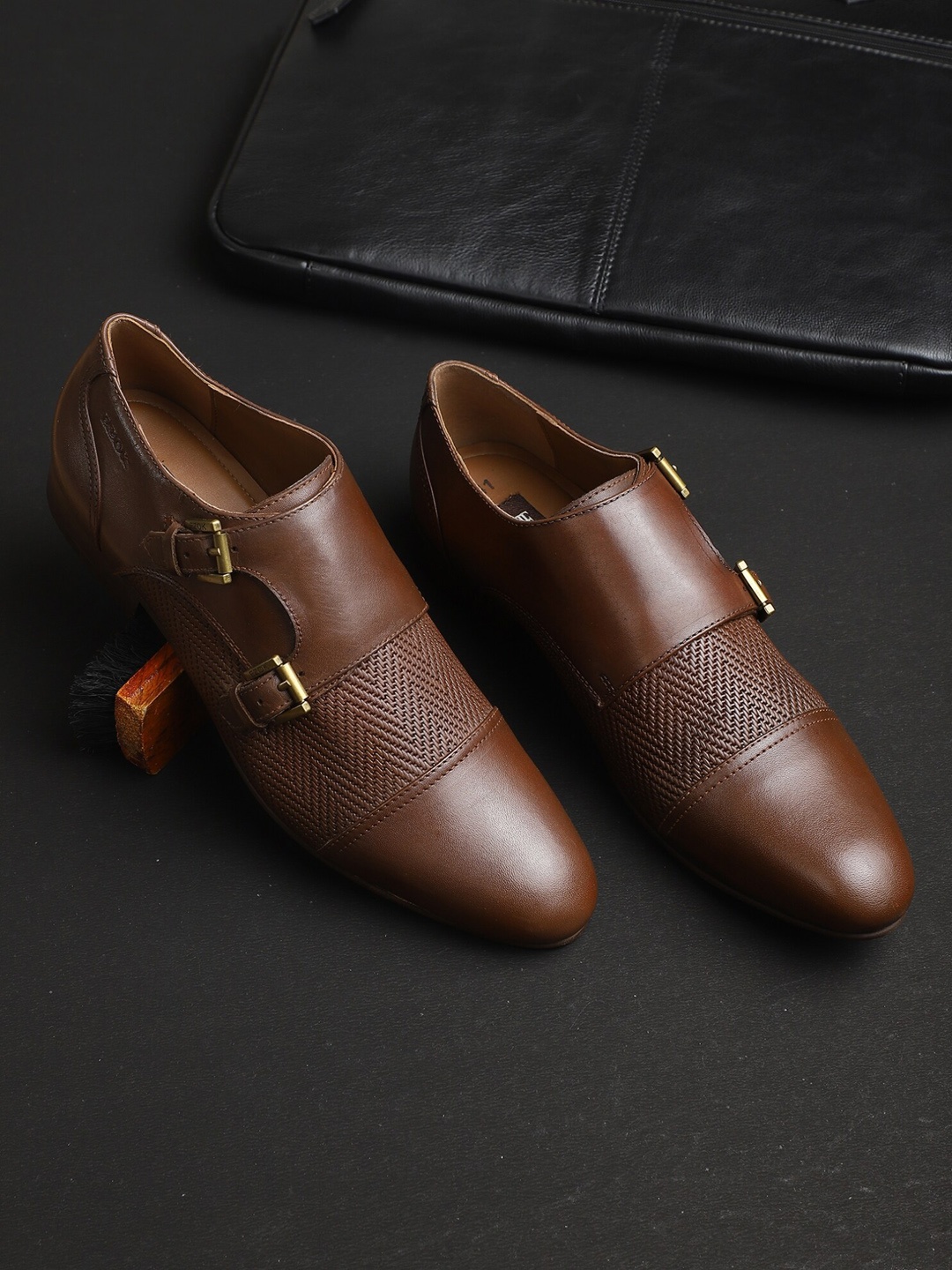 

EZOK Men Brown Textured Monk Formal Shoes