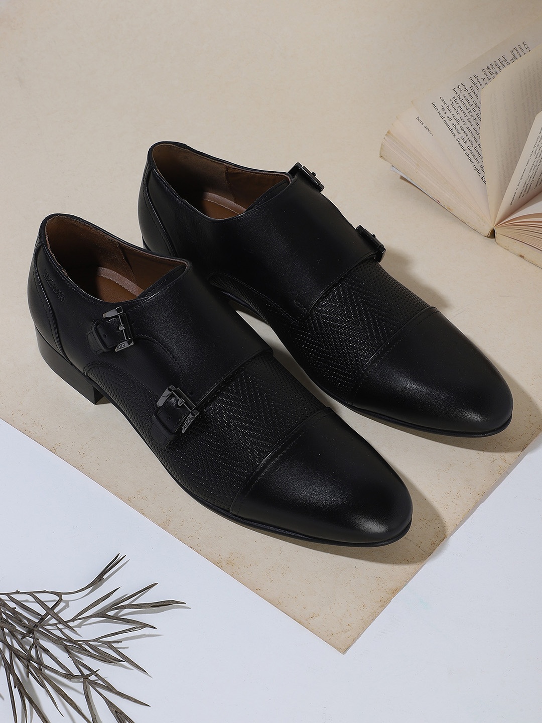 

EZOK Men Black Solid Leather Formal Monk Shoes